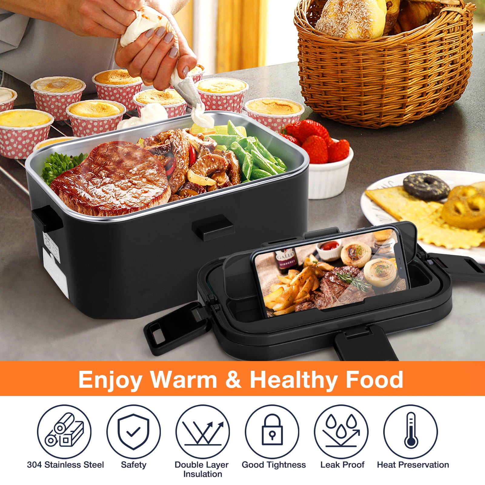 Livhil Electric Lunch Box Food Heater, Portable Food Warmer, Hot Lunch Warmer Heated Lunch Box for Adults, 60W 1.8L 12V-24V 110V Stainless Steel Container Portable Food Heater (Black+Black)