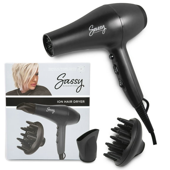 Sassy Ceramic Ion Hair Dryer, 1875-Watt Salon Dryer with Concentrator and Diffuser Black