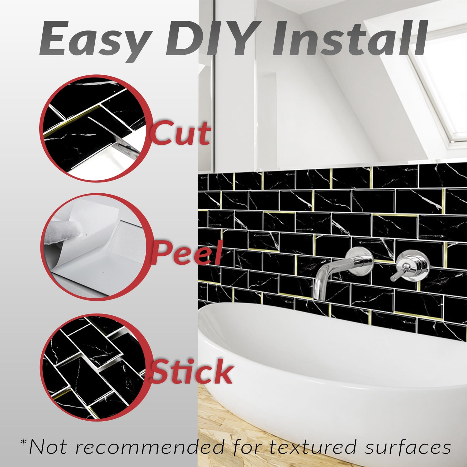 Dcor WOW 41006  Peel & Stick Backsplash, (8) 12x12-inch Sheet Covers 8 Sq Ft, Black Marble Subway Back Splash Tile Gold Accent