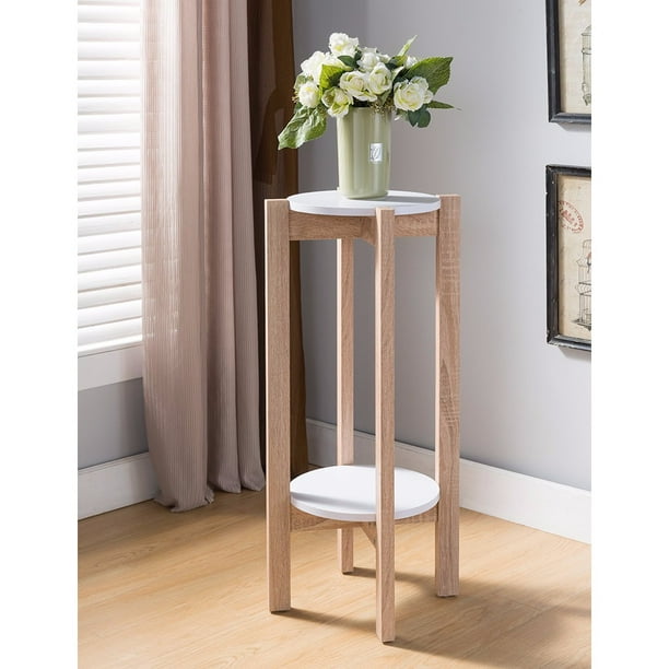 Natural Wood Plant Stand With Two Round Shelves, Light Brown and White ...