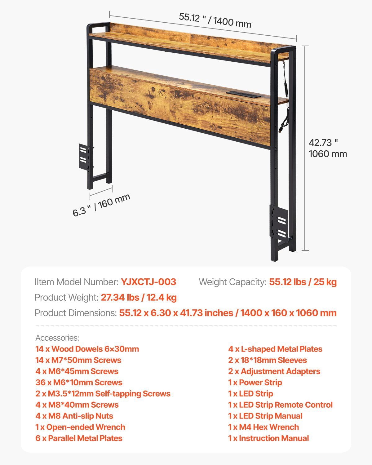Freestanding Full Size Headboard with Adjustable Height, 2 Storage Shelves, USB Charging Station and LED Light, Easy to Assemble, Brown