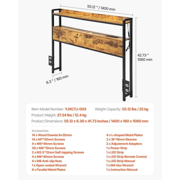 Full Size Bed Headboard with Adjustable Height, 2 Storage Shelves, USB Charging and LED Light, Freestanding, Quick Assembly, Brown