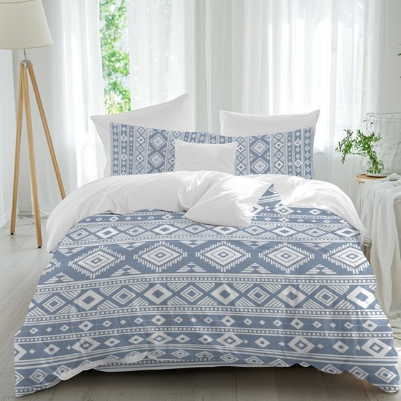 Diamond Chevron Twin Duvet Cover Set, Vintage Ethnic Tribal Traditional Abstract Blue 4 Piece Microfiber Bedding Set with Zipper Closure, Bed Sheet and 2 Pillow Shams, Soft Bedding Cover