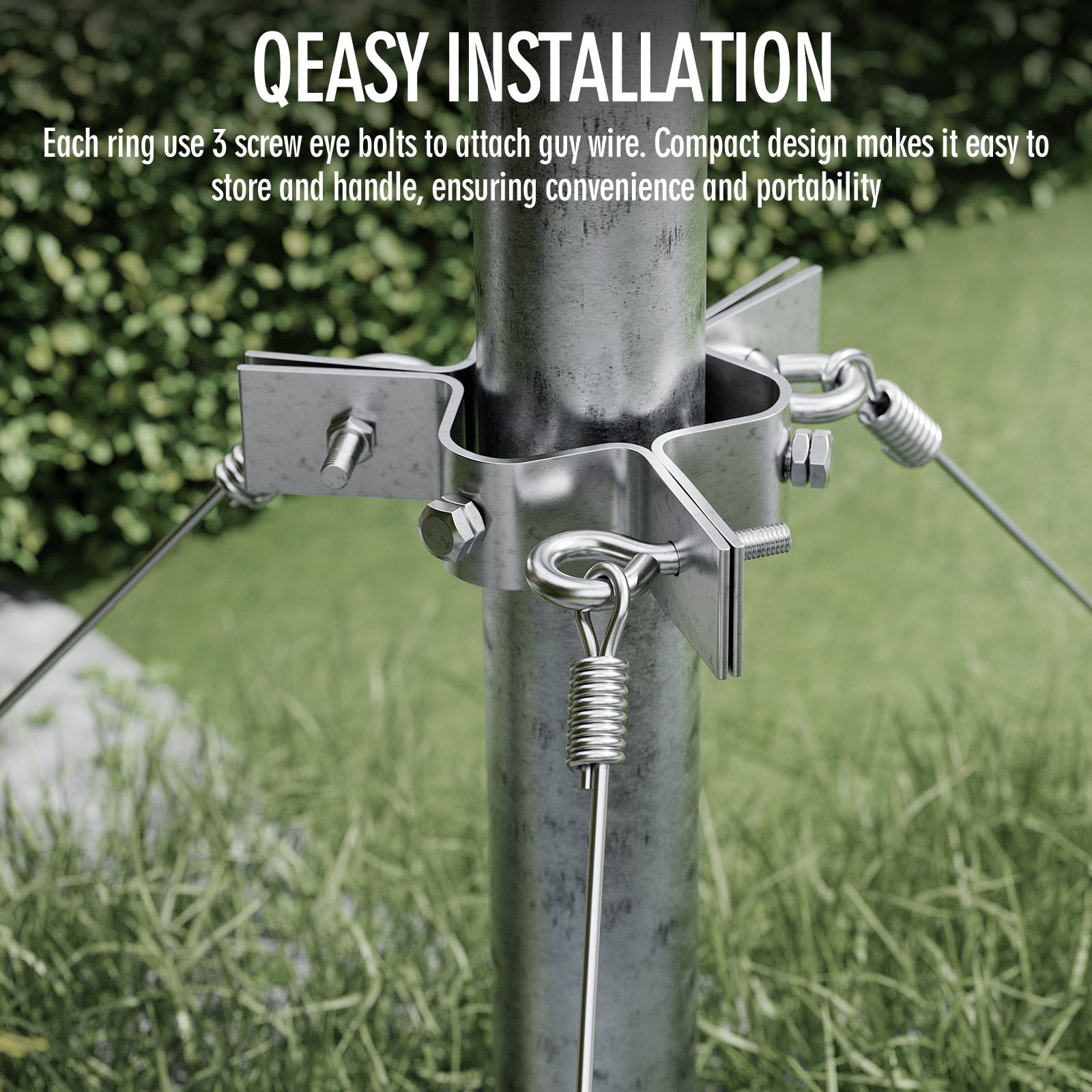 Heavy Duty Antenna Mast Clamp Down Guy Wire Ring with 100ft Wires & Ground Anchors Mounting, 3-Way Guying, Fits Masts up to 2-1/4 inches,Stainless Steel