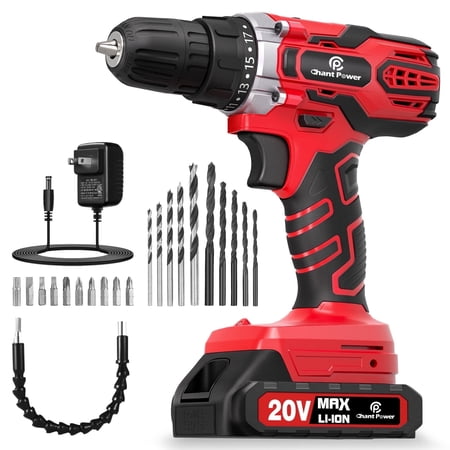 CP CHANT POWER 20V Cordless Power Drill Set, 3/8" Keyless Chuck, 2 Variable Speed, Electric Drill with Battery and Charger for Home Diyer & Beginner