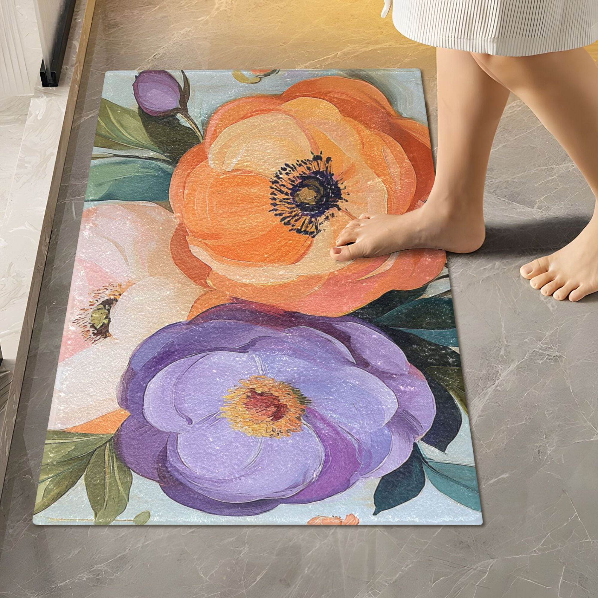 Yayeee Bath Rugs for Bathroom Floor Non Slip Non Skid Rectangle Soft Absorbent Bright Flowers Machine Washable Mat