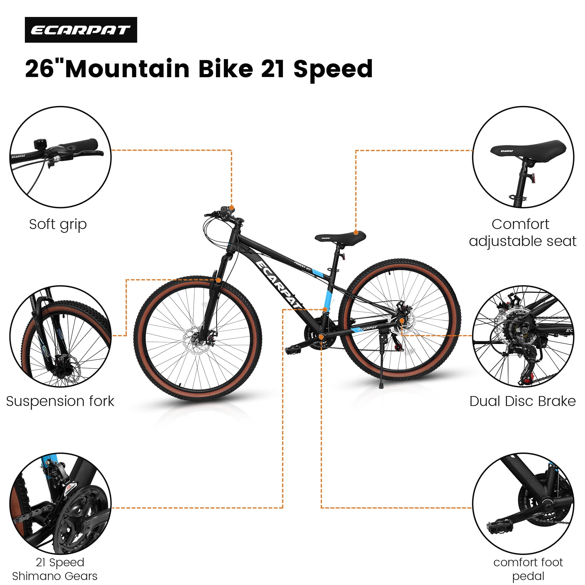 Ambifirner 27 inch Multifunctional Mountain Bike - Quick 20-Min Assembly & Ergonomic Design - Ideal Family Gift for Trail/City Riding (Steel Frame, 21-Speed)