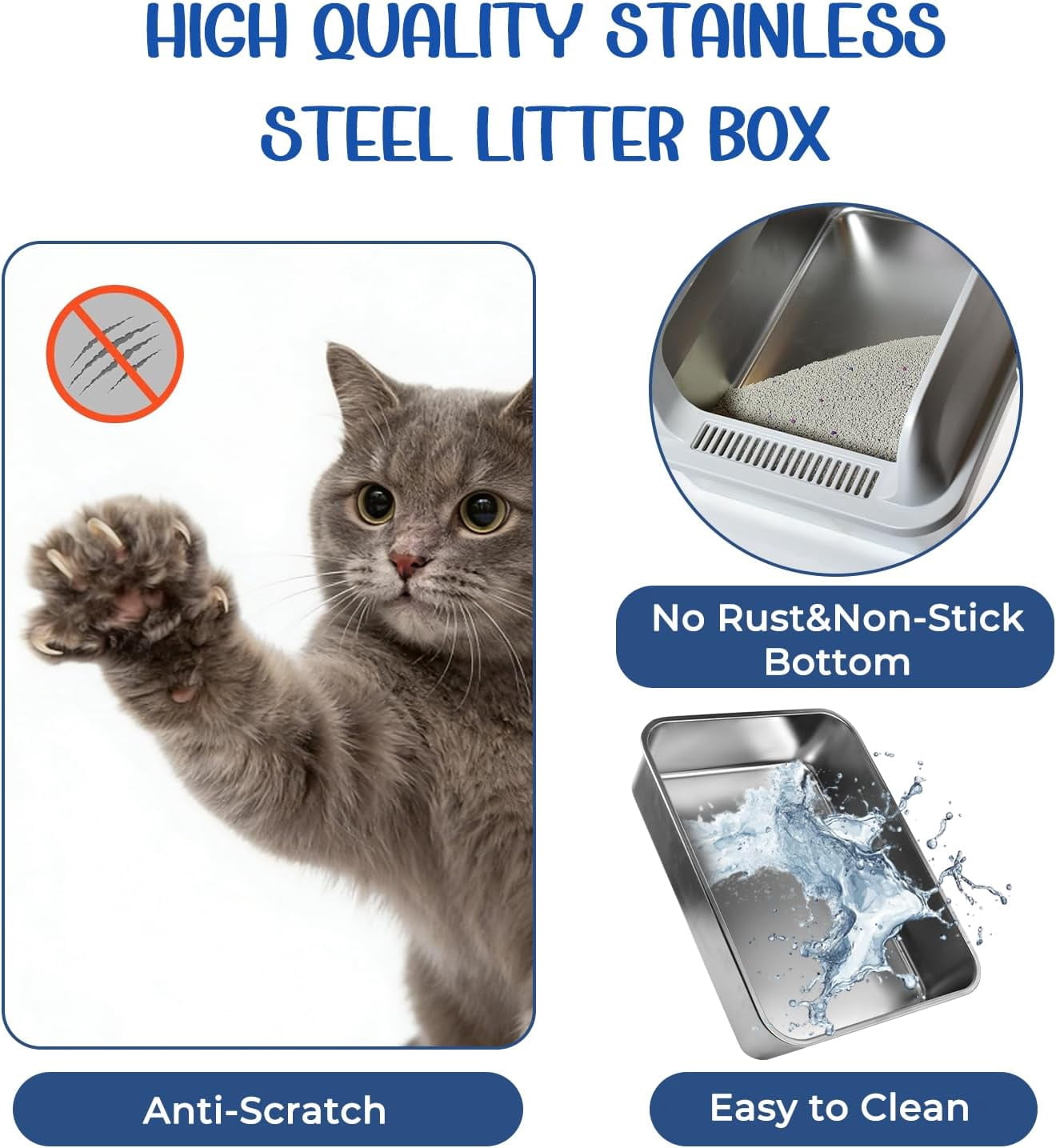 Stainless Steel Cat Litter Box with Lid, High-Wall Non-Stick Litter Pan for Small Cats, Anti-Leakage Metal Litter Box, Easy to Clean, Includes Cat Mat and Scoop, 17.2"x13.2"x7.7"