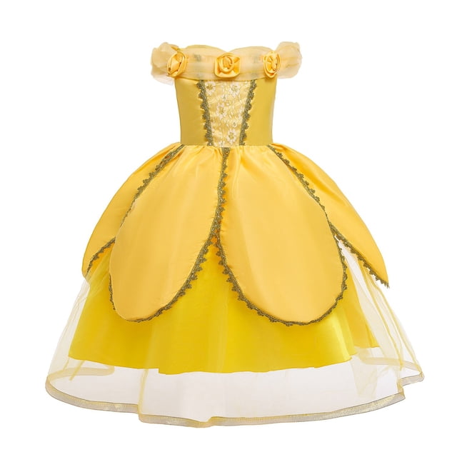 Vestido de princesa bella para niñas, ropa de fiesta de La Bella y La Bestia, disfraz de corona con palo mágico, 2023