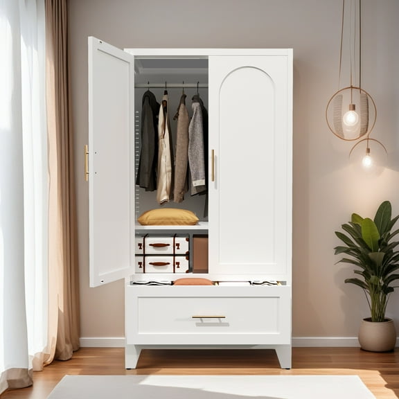 Aukfa 60" Metal Wardrobe Closet with Drawers & Hanging Rod, Storage Armoire with Adjustable Shelf for Bedroom & Home Office Organization,White