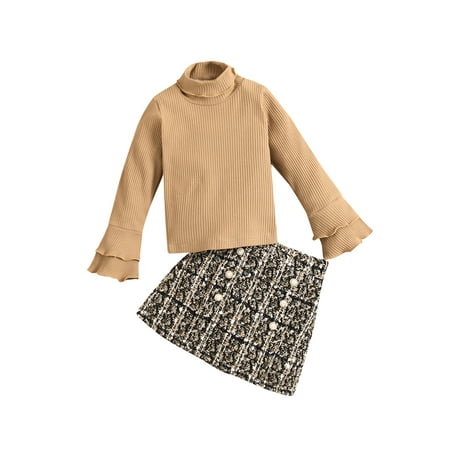 

Frobukio Spring Kids Baby Girls 2Pcs Clothes Set Turtleneck Long Flare Sleeve Tops+Plaid Pearl A-Line Skirts Apricot 6-7 Years