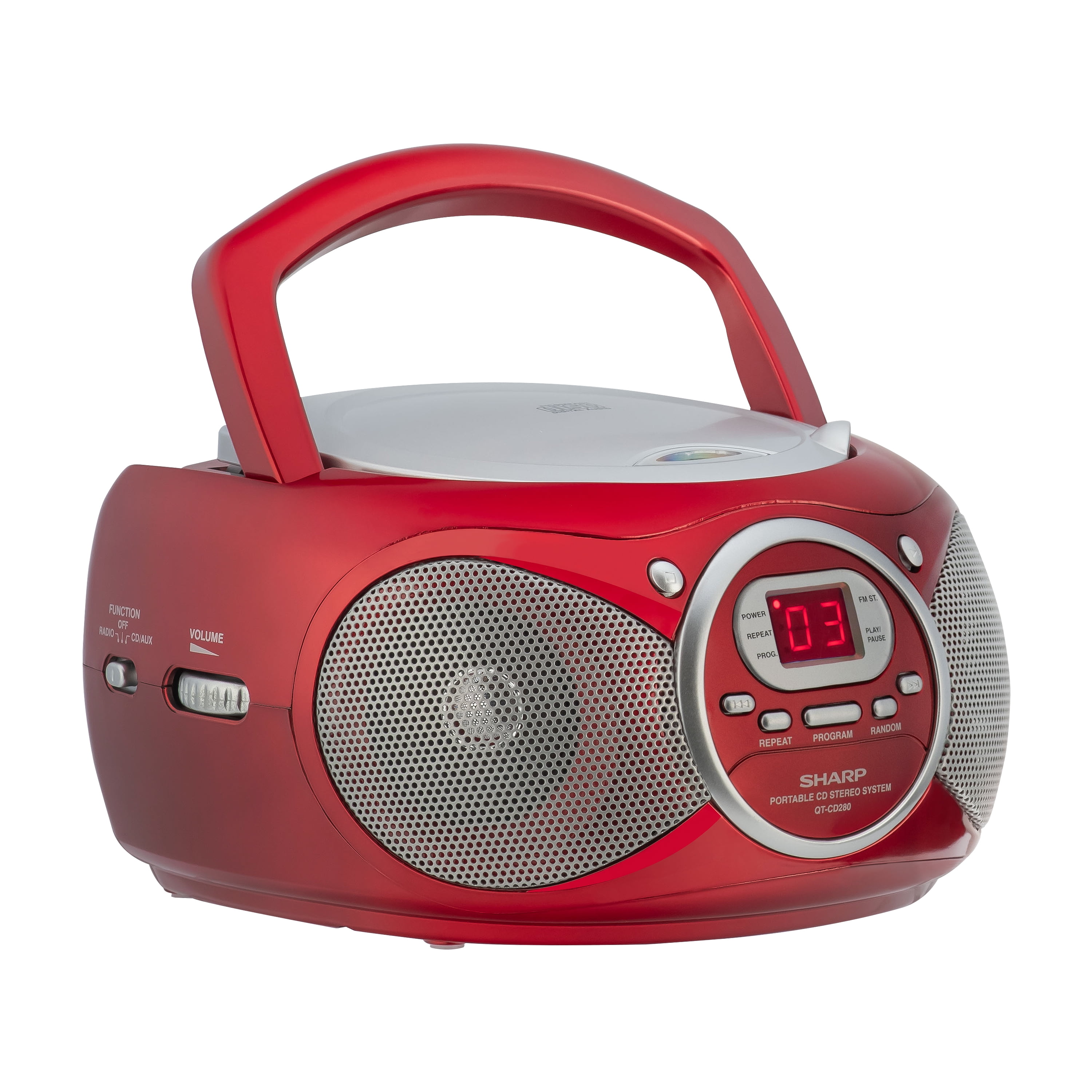Sharp QT-CD280(RD) Portable CD Boombox with AM/FM Stereo Radio & Aux Input – Battery Powered, Red