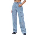 thumbnail image 2 of uublik Womens Cargo Jeans Straight Leg Jeans Casual High Waist Baggy Denim Cargo Pants with Pockets, Light Blue, 2 of 5