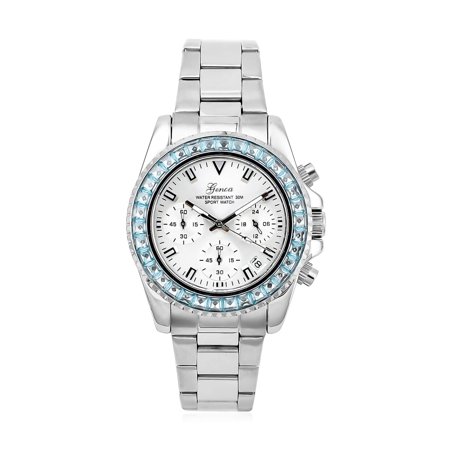 Lustro Stella Genoa Simulated Blue Diamond Multi-Function Movement Watch in 5.75 Ct Stainless Steel Engagement Anniversary Wedding Promise Birthday Gifts