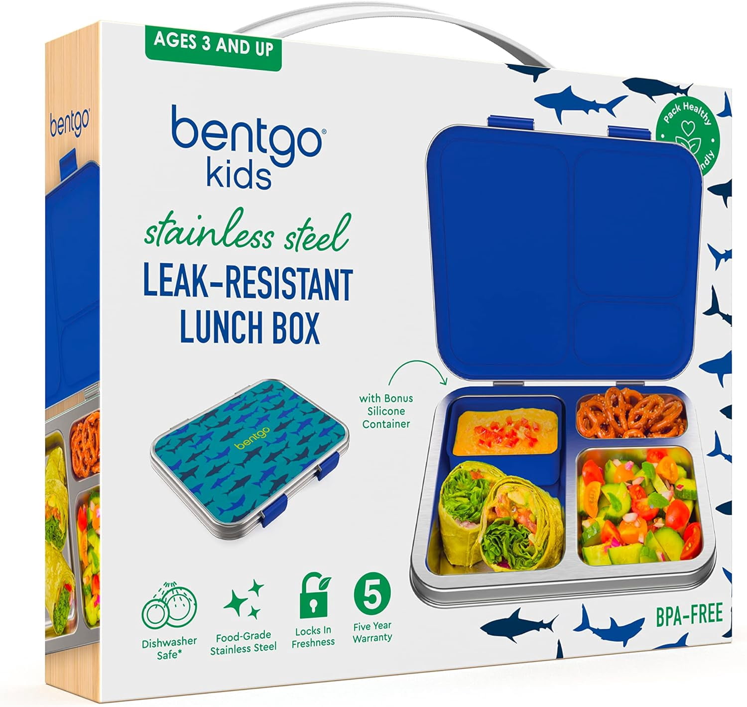 Stainless Steel Prints Leak-Resistant Lunch Box - Bento-Style With Updated Latches, 3 Compartments & Container - Eco-Friendly, Dishwasher Safe, BPA-Free (Shark)