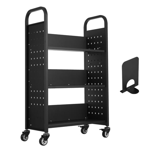 KFFKFF Rolling Library Book Cart, 330 lbs Capacity, 30.3 x 15 x 48.0-Inch, Single-Sided L-Shaped Shelves with 3-Inch Lockable Wheels, Book Truck for Home, Office, and School, Black