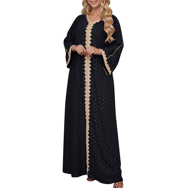 Robe Abaya Musulmane Femme Col en V Kaftan Prière Islamique Robe Brodée Bronzante Robe Longue Soirée Vacances