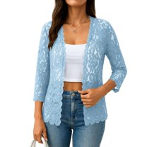 Fshiont Womens Cardigan 3/4 Length Sleeve Lightweight Lace Open Front Cardigans Summer Casual Loose Fashion Tops Light Blue M