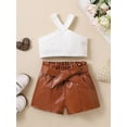 thumbnail image 2 of Arvbitana Little Kid Girl 2pcs Clothes Set Cross Halter Crop Vest Elastic Waist Leather Shorts With Belt Toddler Summer Outfits 2T 3T 4T 5T 6T 7T, 2 of 9
