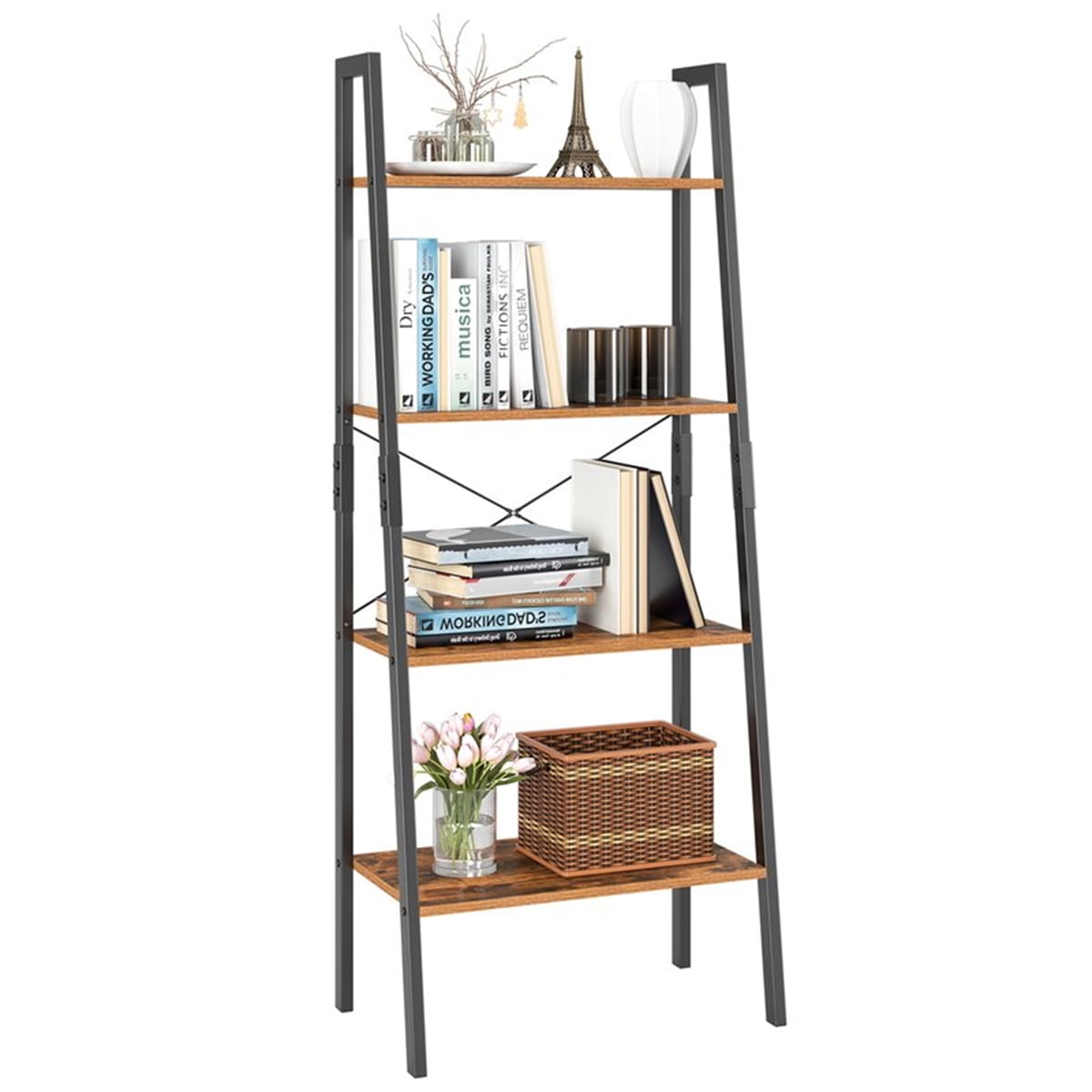 4-Tier Retro Metal Frame Bookshelf Tangkula Industrial Ladder Shelf Rustic Brown Multipurpose Bookcase Storage Organizer for Home Living Room Office 4-Tier Ladder Shelves