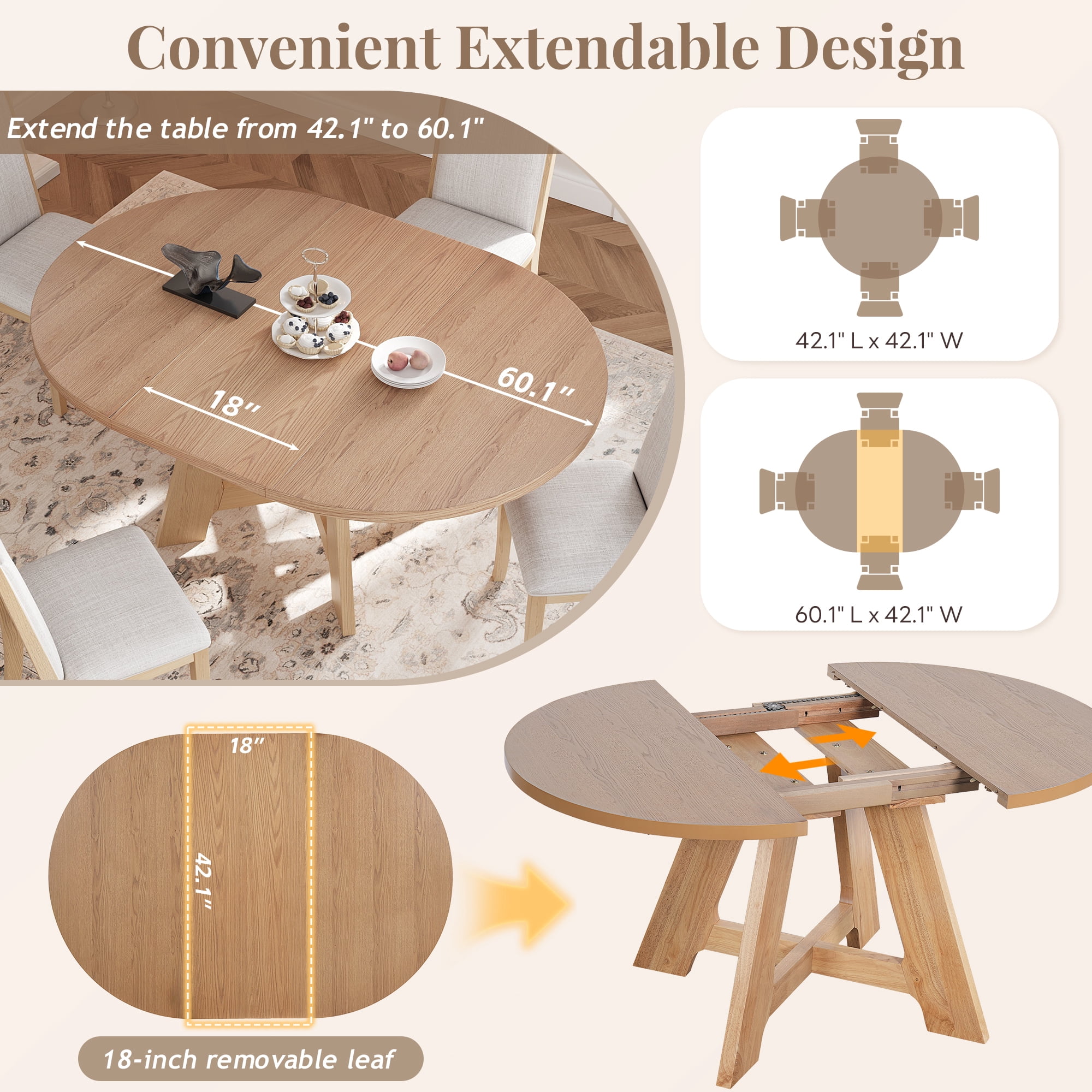 Euroco 5-Piece Round Dining Table Set for 4, Farmhouse Extendable Kitchen Table Set with Removable Leaf and 4 Upholstered Chairs for Small Places,Natural