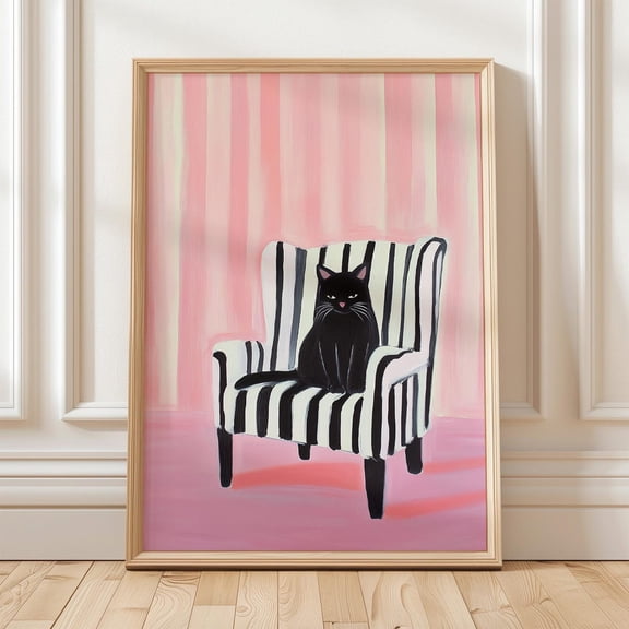 Black Cat Wall Art, Striped Chair Art Print, Pink Aesthetic Decor, Modern Pet Portrait, Wall Art, Modern Wall Decor, 8x12 UNFRAMED