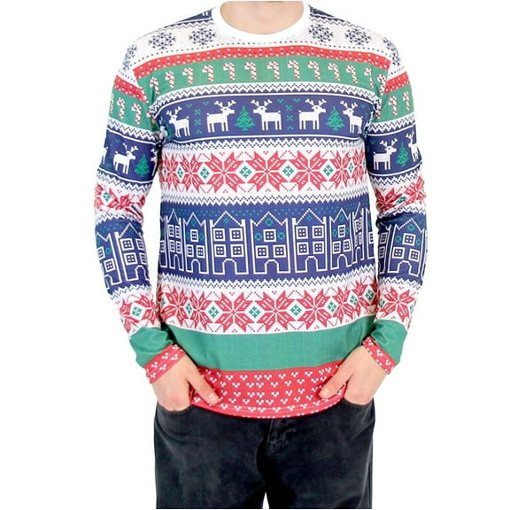 Winter Fresh Houses Pattern Long Sleeve Ugly Christmas T-Shirt