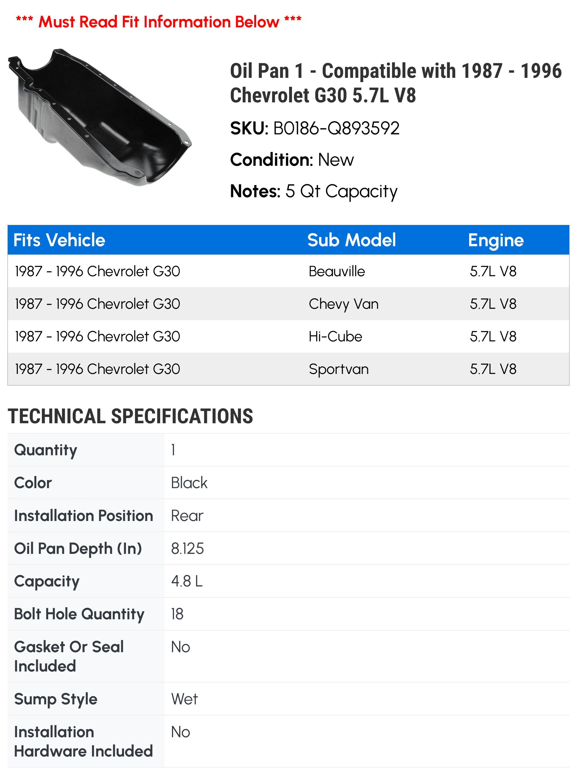Oil Pan 1 - Compatible with 1987 - 1996 Chevrolet G30 5.7L V8 - Autopart Premium