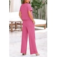 thumbnail image 2 of Womens Ribbed Knit Lounge Set Short Sleeve V Neck Top & Drawstring Wide Leg Long Pants Soft Stretchy Sleepwear Pajama Set Casual Travel Tracksuits for Daily Workout Maternity Use, 2 of 3