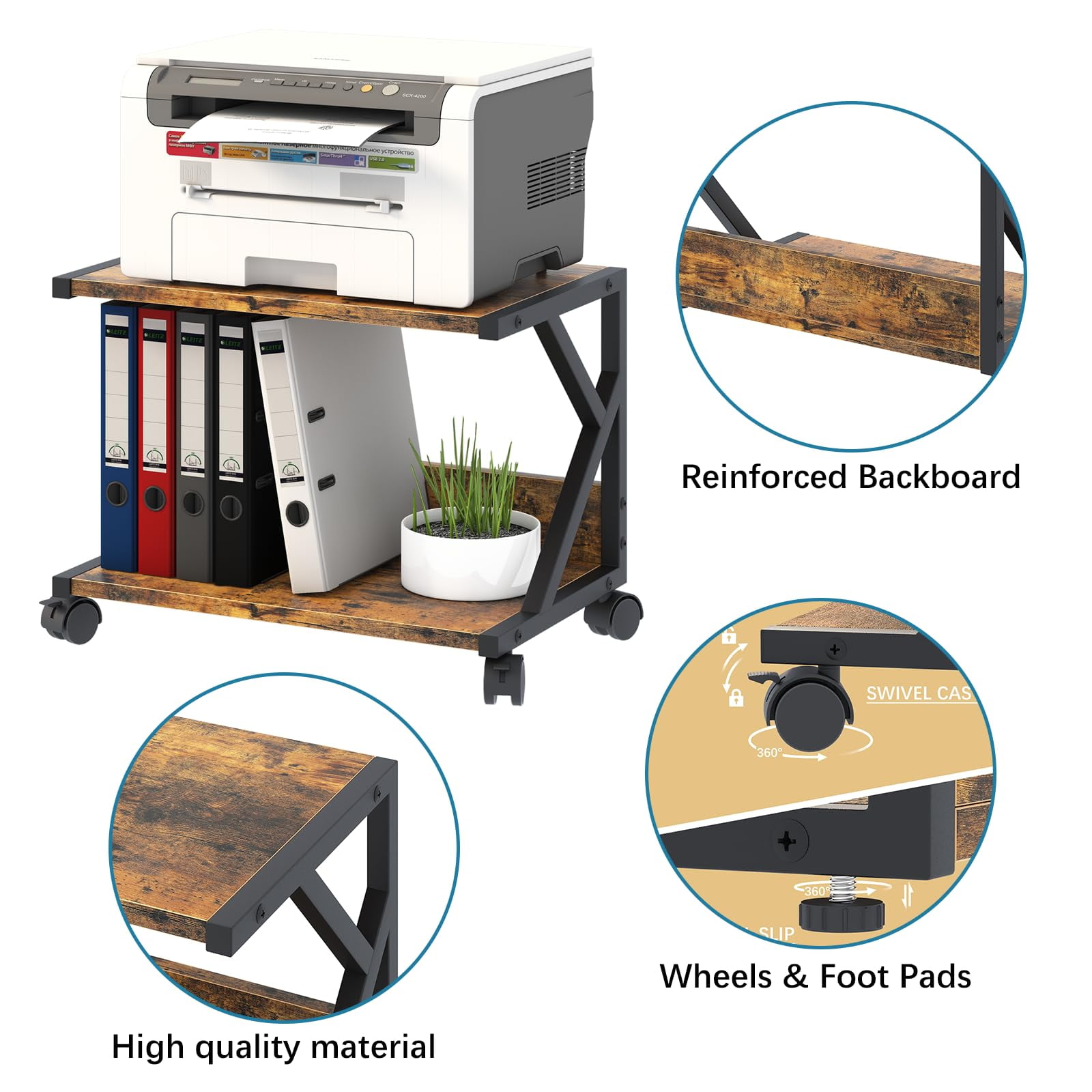 Desktop Printer Stand with 2 Tier Wood Storage Shelves,Under Desk Printer Table,Multi-Purpose Home Office Desk Organizer for Fax Machine, Scanner (Rustic Brown)