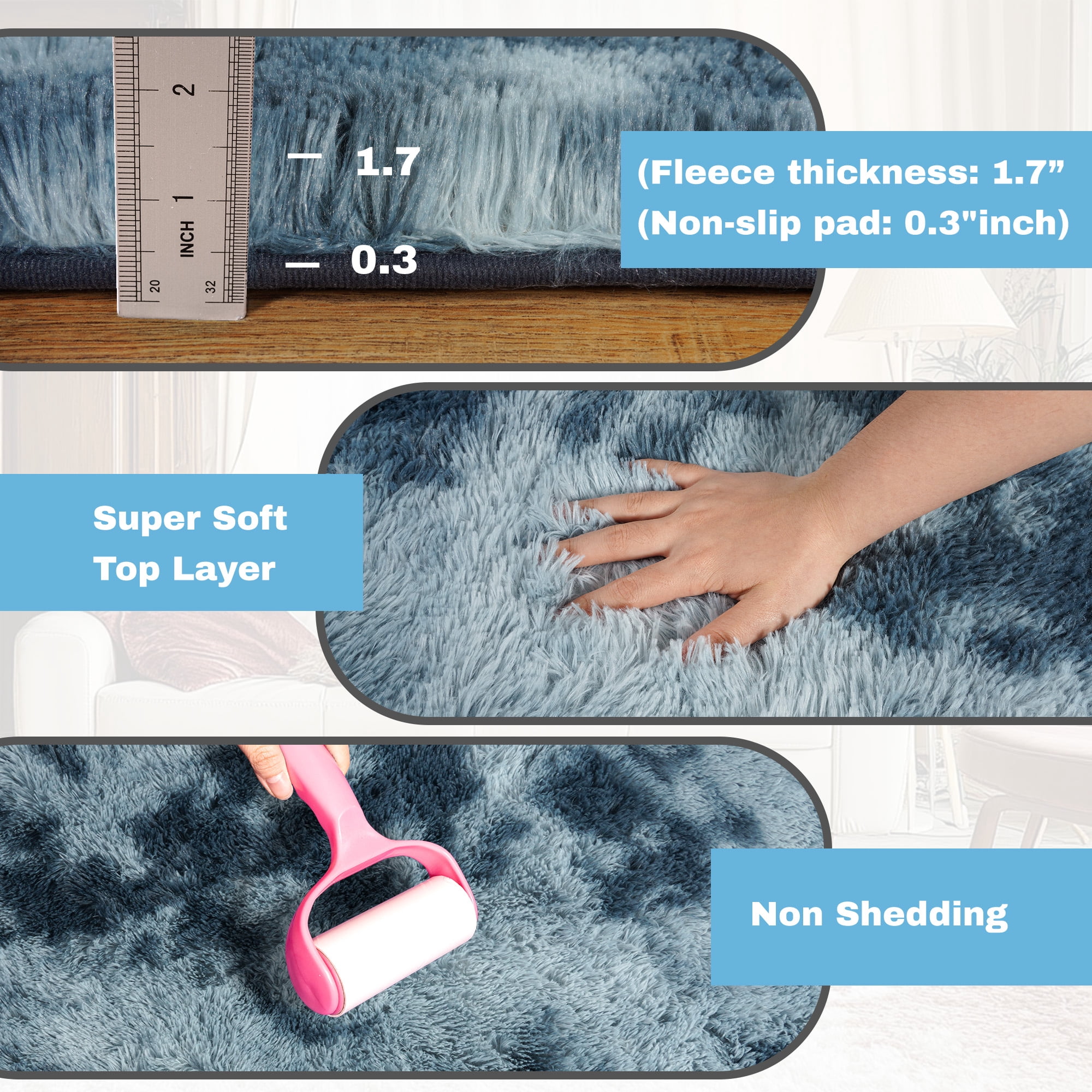 ZENELESS Super Soft Fluffy Rug,6x9ft Anti-skid Shaggy Rug, Plush Floor Carpet for Living Room Bedroom Nursery Tie-dye Blue&Gray