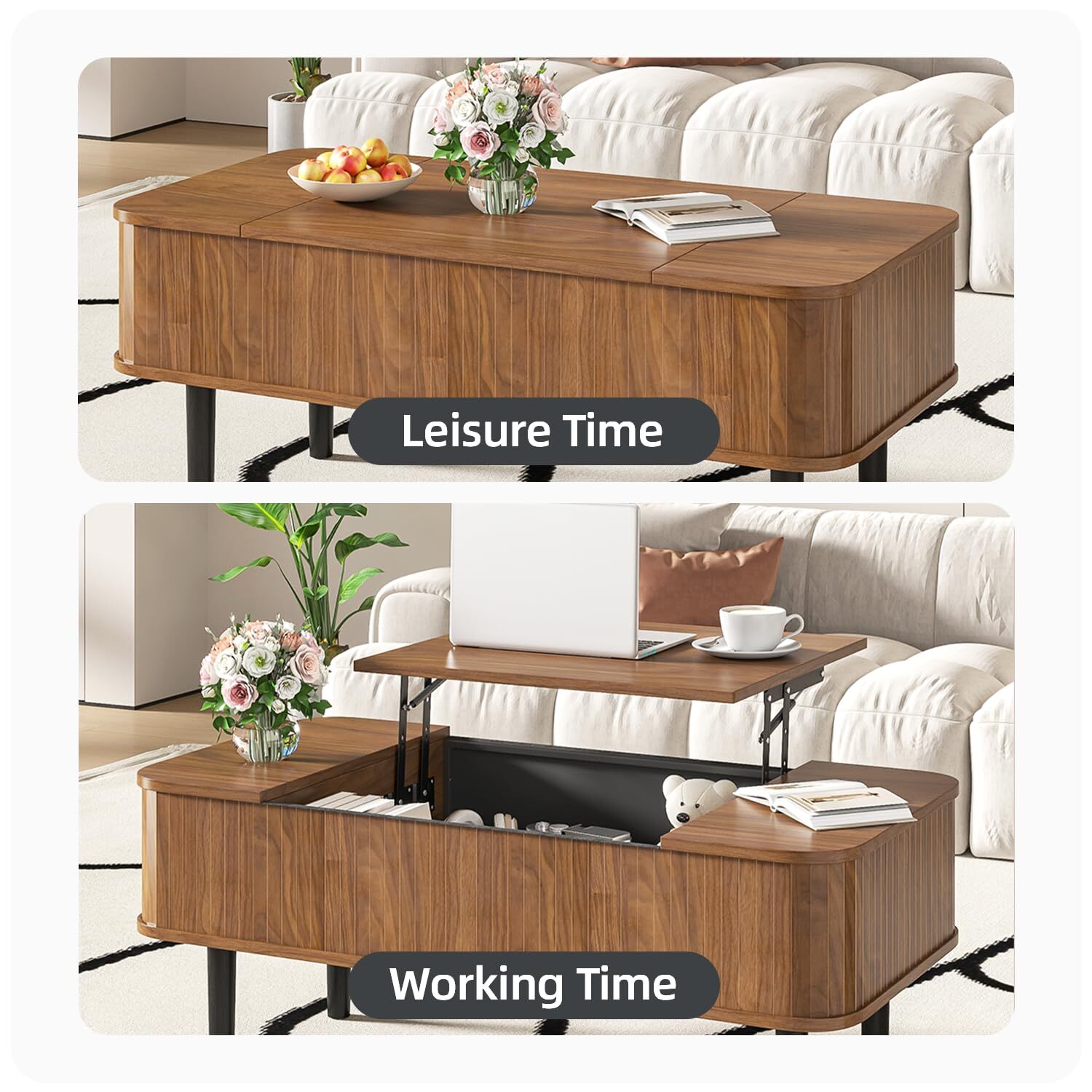 Fsbecl Mid-Century Modern Wood Coffee Table with Storage, Rectangle, Brown
