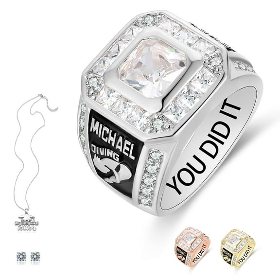 Ccjcinata Fully Personalized Customized class rings Sterling Silver Men's High School and College Class Ring – Classic Collection (Sterling Silver - Platinium)