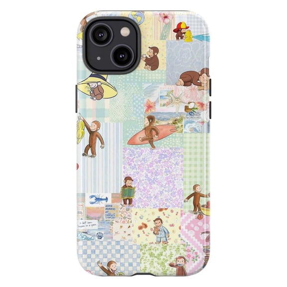 Curious Monkey Patchwork Phone Case, Cute Retro Cartoon Collage iPhone Cover, Playful Artistic Protective Case for iPhone 17 16 15 14 13 12 11 Pro Plus Mini