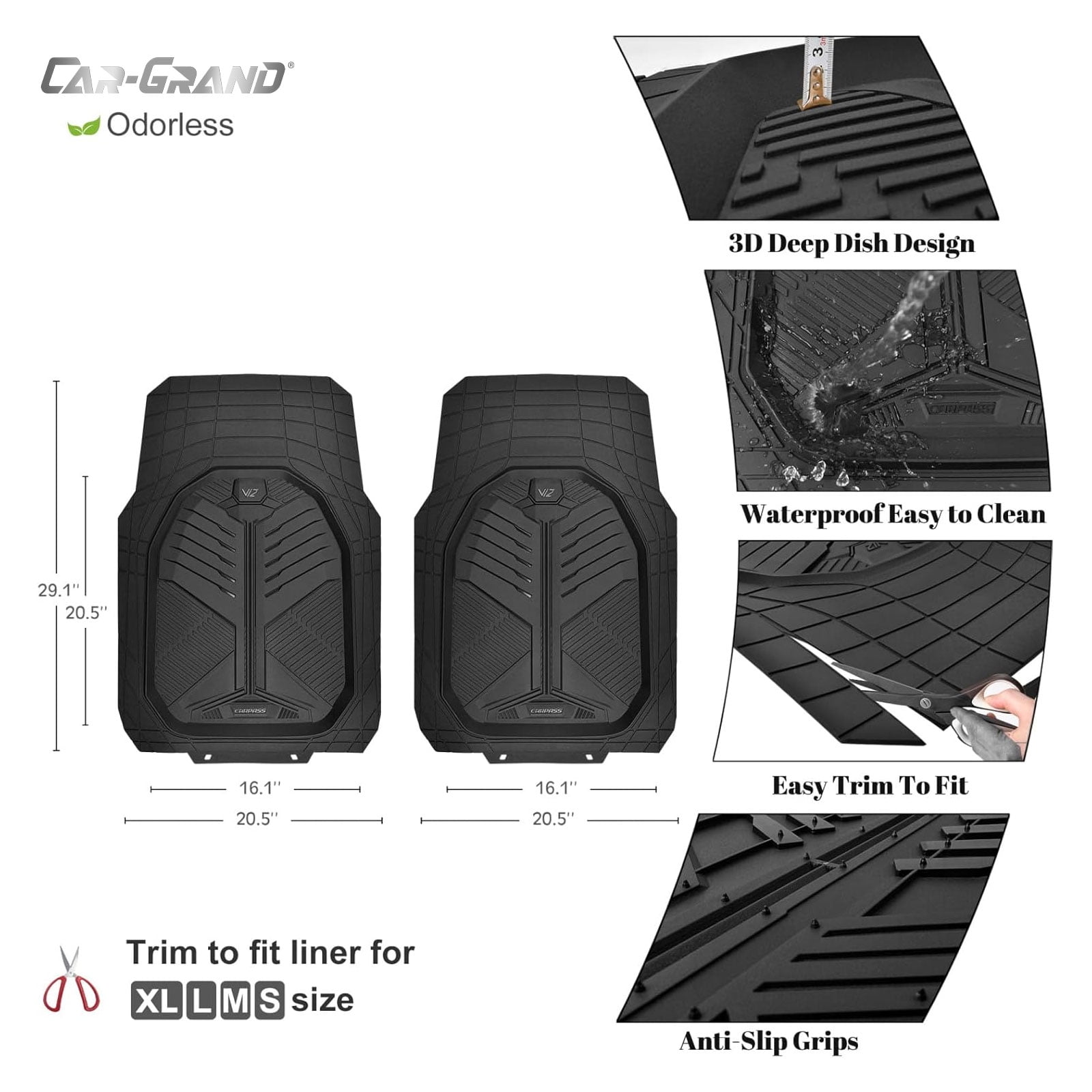 CAR GRAND Heavy duty rubble car floor mats full set deep dish trunk mat water proof anti slip all weather truck mats universal fit trim-to-fit trimmable all black