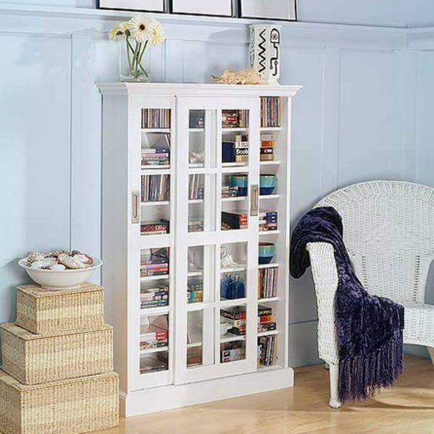 Sliding Door Media Cabinet White, Tall White Storage Cabinet With Glass Doors