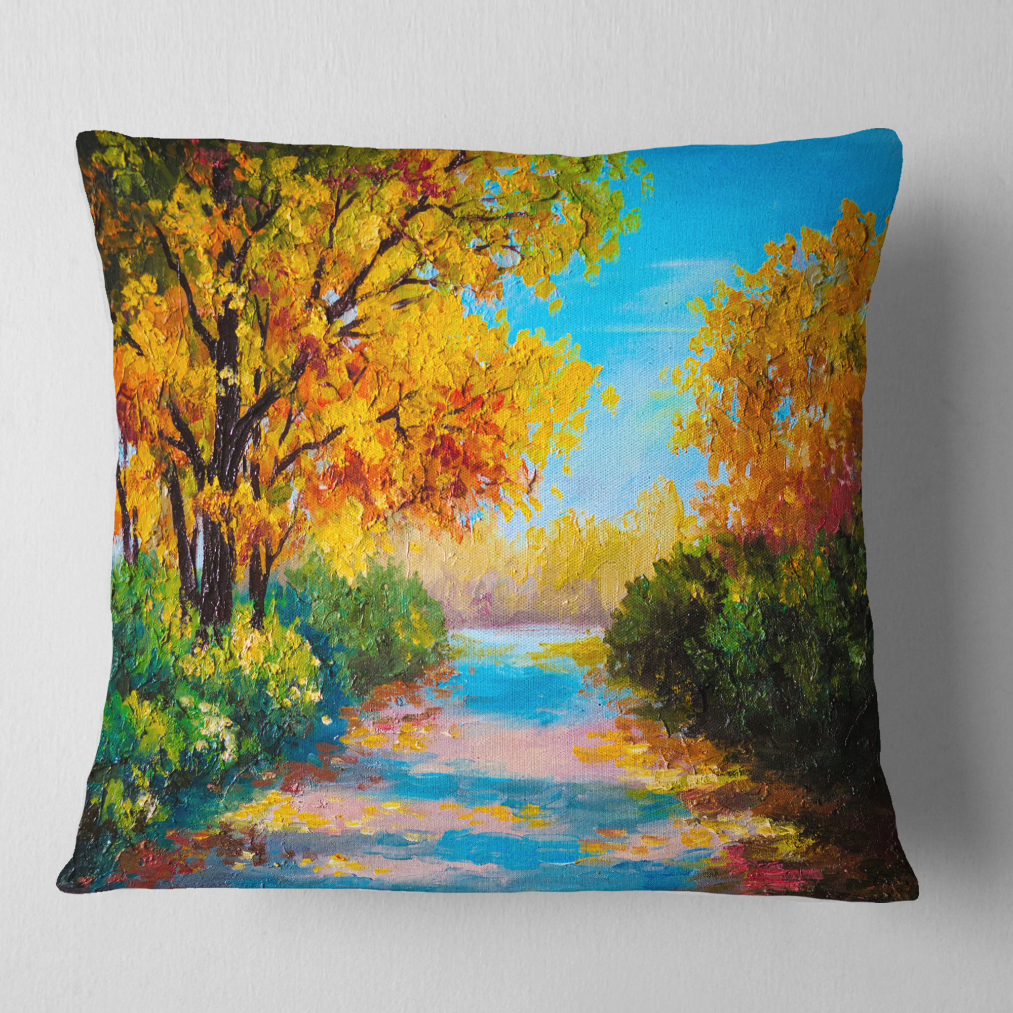 Designart Autumn Forest with Colorful River - Landscape Printed Throw Pillow - 18x18