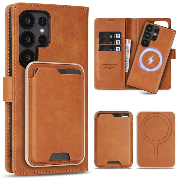 PU Leather Case for Samsung Galaxy S25 Ultra, 3-in-1 Detachable Magnetic Wallet Case with Card Bag & Inner Back Cover, Full Body Rugged Protection Kickstand Shockproof Classic Business Case, Brown