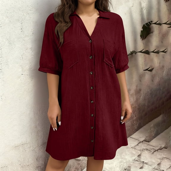 Gamivast Shirt Dresses for Women Button Down Loose Fit Collared Short Sleeve Casual Dresses Tunic Beach Dress Textured Soft Pockets Summer Work Daily Wear