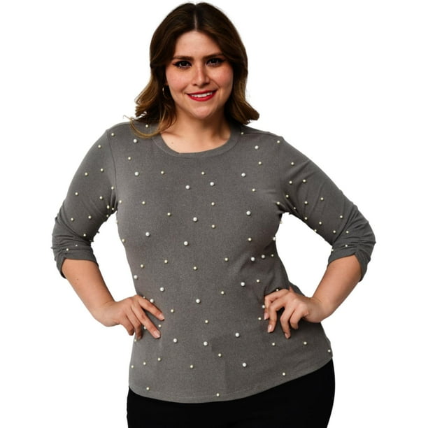 Blusa con perlas, talla extra modelo 3743-E (gris) gris 36 Roman Fashion Blusa extra 33743-E