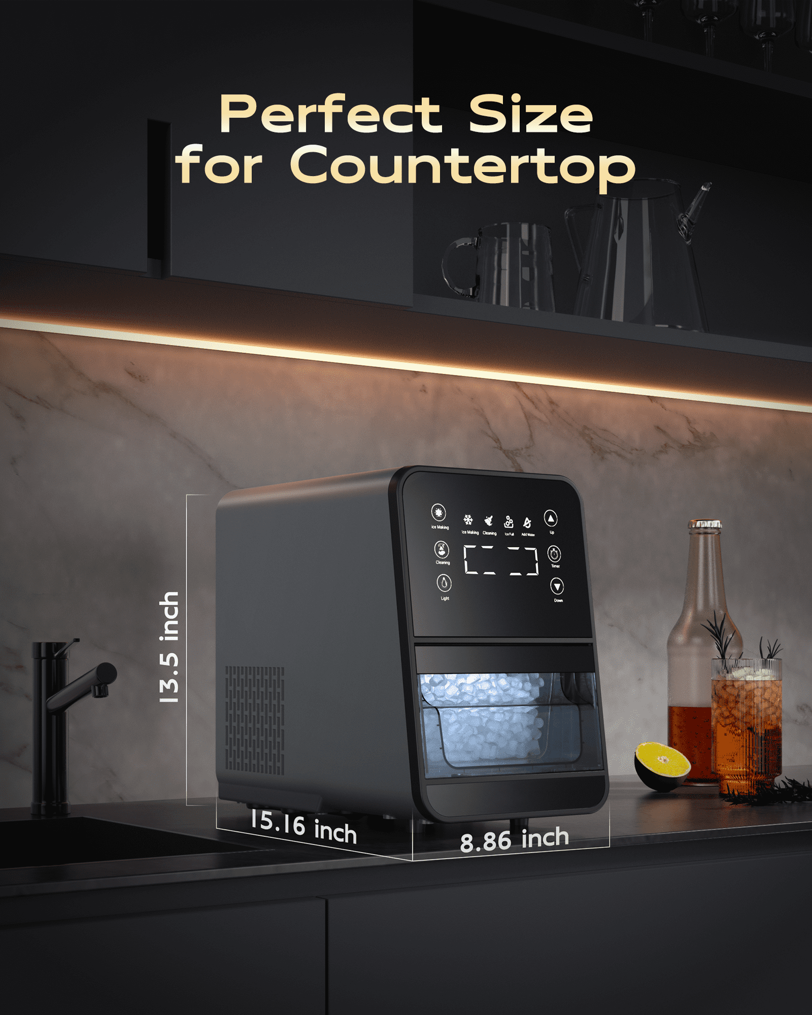 Ecozy Chillio Nugget Ice Maker, 44lbs/24h Pebble Ice Machine, Intuitive EcoScreen & One-Touch Timer, with Pull-out Basket, Home Kitchen Office