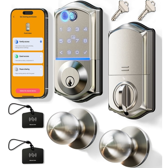 Veise VE017-K Fingerprint Smart Front Lock with Knob Set, APP, Satin Nickel | Remote Access Sharing, Fob Unlock, Touchscreen Keypad Deadbolt, Keyless Entry, Auto-Lock, Easy Install, Low Battery Alarm