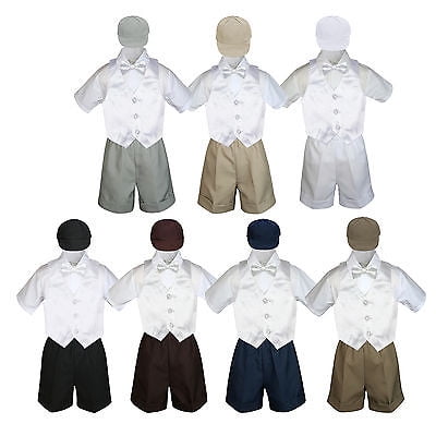 

Boy Toddler Formal White Vest Bow Tie Navy Black Gray Brown Khaki Hat 5pc S-4T