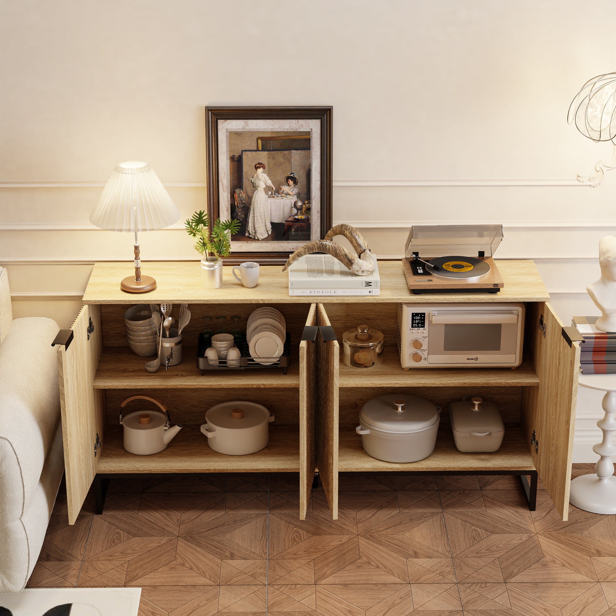 Fluted Accent Cabinet, Kitchen Sideboard Buffet Cabinet with 4 Fluted Doors