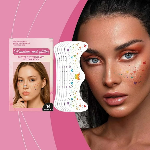 SDJMa 6 Sheets Rainbow Butterfly Face Glitter Tattoos, Waterproof, Temporary, for Festivals & Parties