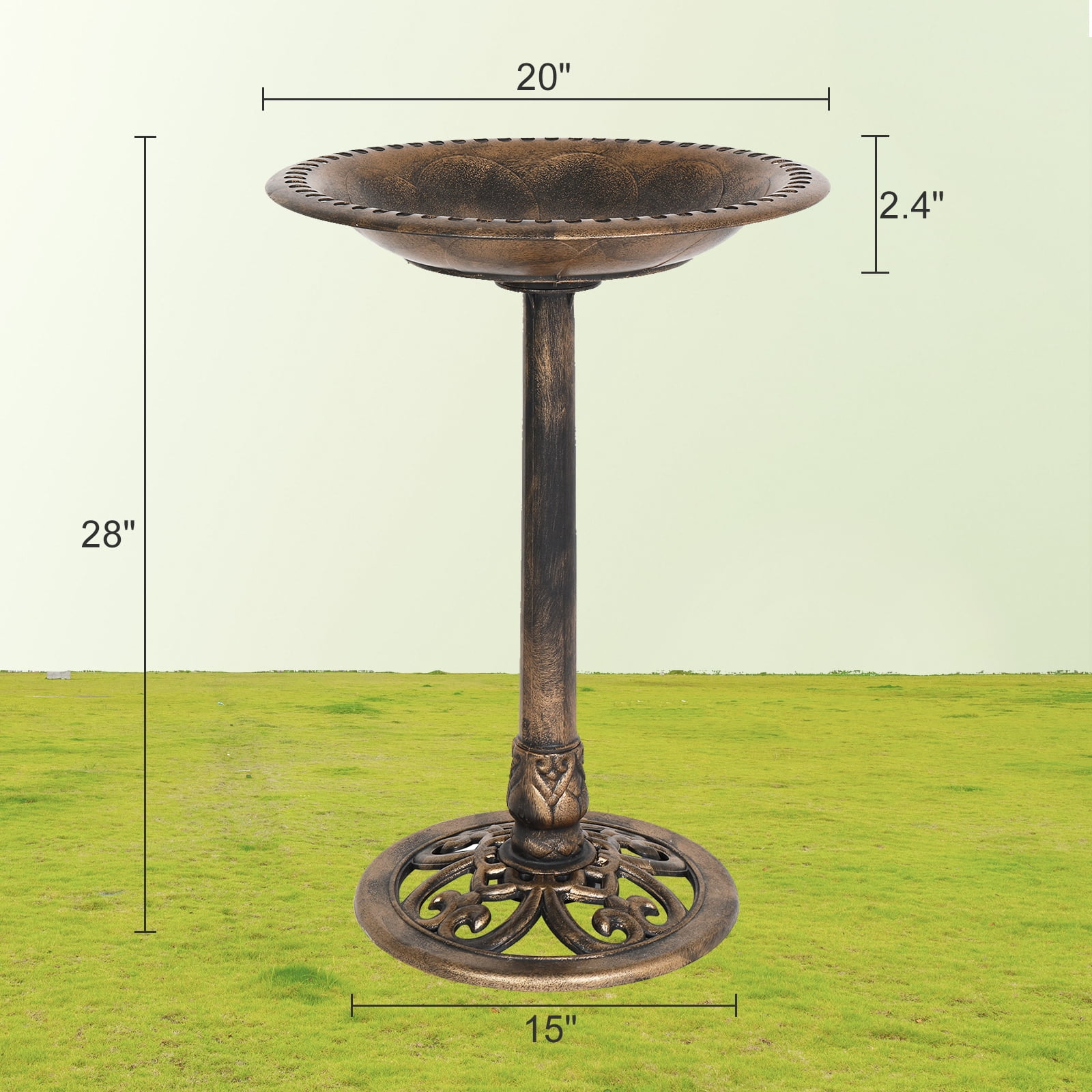 VINGLI Pedestal Bird Bath 28 Inch Antique Copper Resin Birdbaths Vintage Garden Decor for Outdoor Lightweight