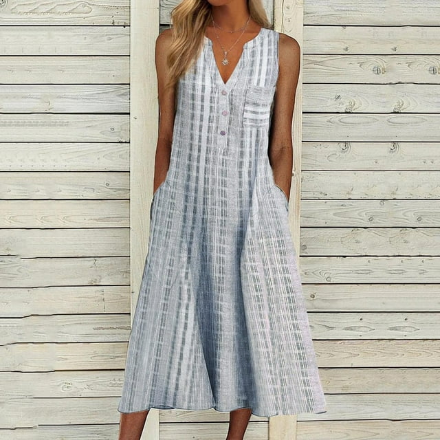 Robe Décontractée pour Femmes Robe Décontractée à Rayures pour Femmes Robe Boutonnée Col en V Sans Manches avec Poche Robe Élégante Longue Robe Robe de Vacances Vêtements pour Femmes Tendance TG Gris