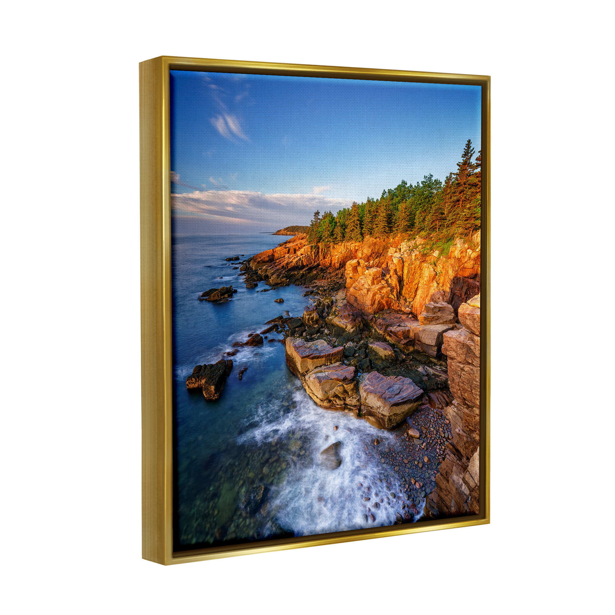 Stupell Rocky Cliffs Shore Beach Foam Landscape Photography Gold Floater Framed Art Print Wall Art