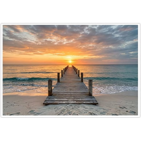 Ocean Beach Sunset Canvas Wall Art Wooden Pier Coastal Landscape Poster Peaceful Sea Scenery Prints for Living Room Bedroom Home Office Wall Decor Modern Nature
