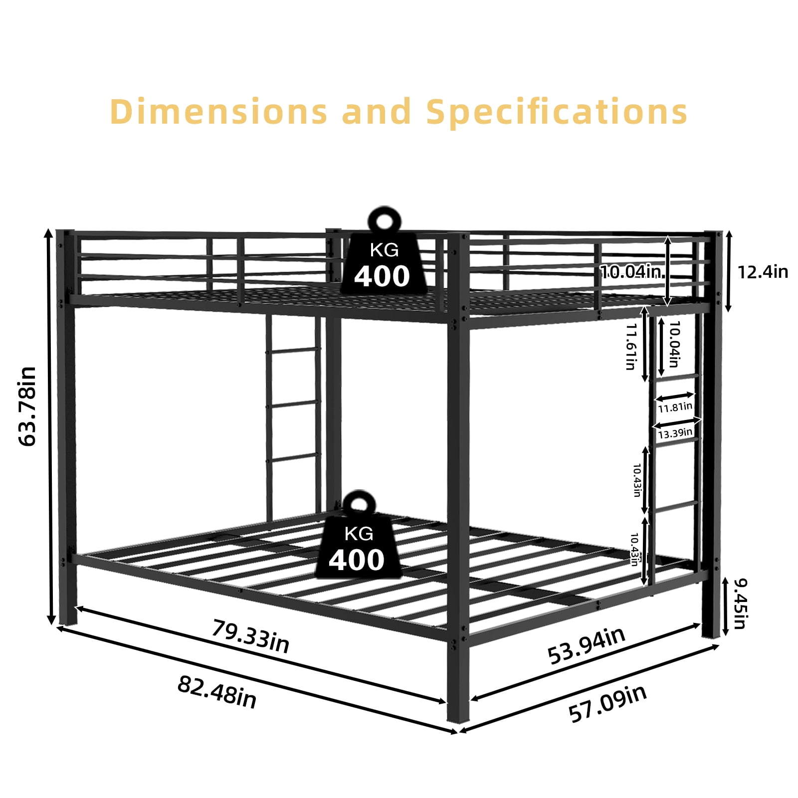 Leumius Full over Full Metal Bunk Bed Frame with Safety Rails & Ladders, Heavy-Duty Quiet Design for Teens and Adults,Black